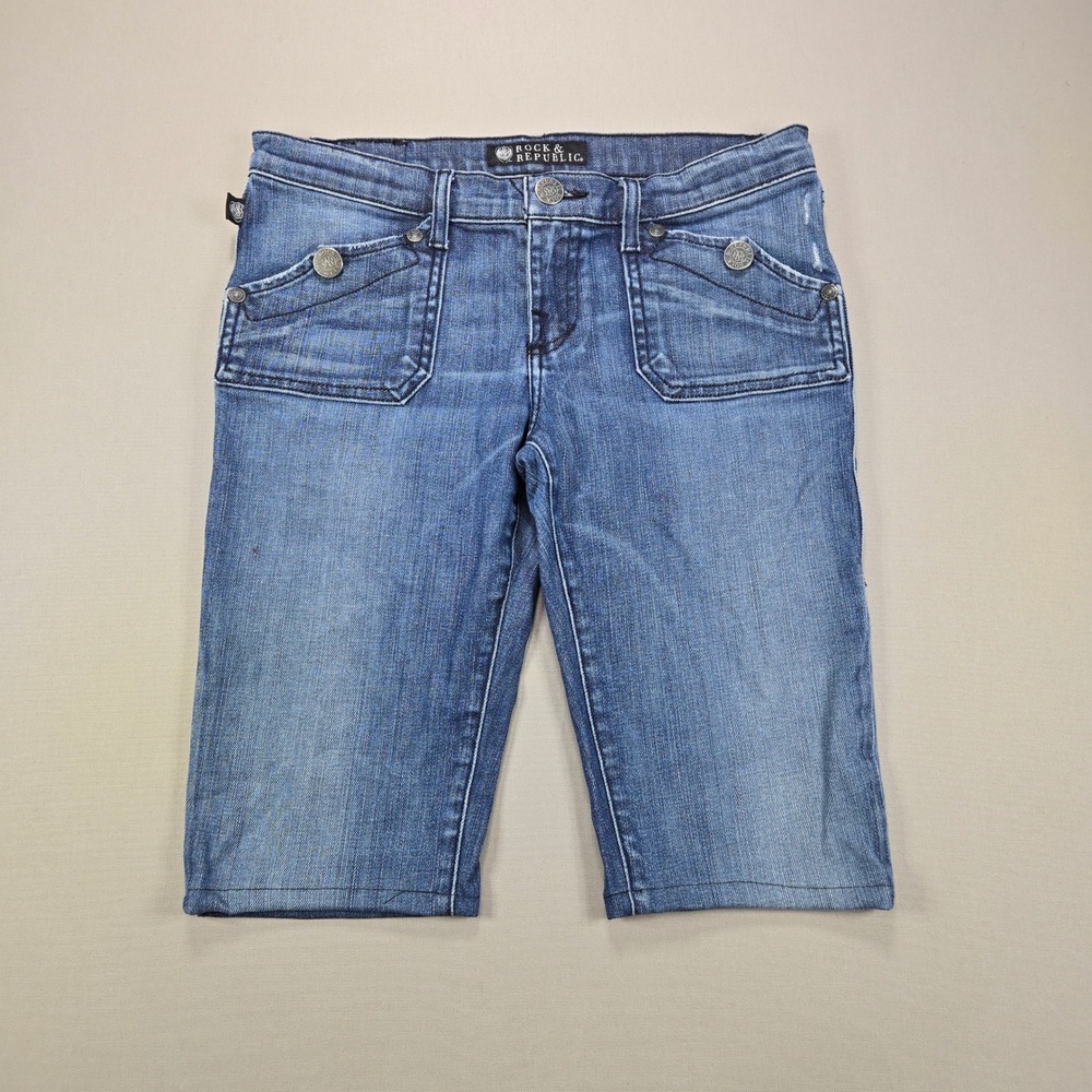 Rock & Republic Denim Shorts Low Rise Flap Pocket Blue Women Size 28